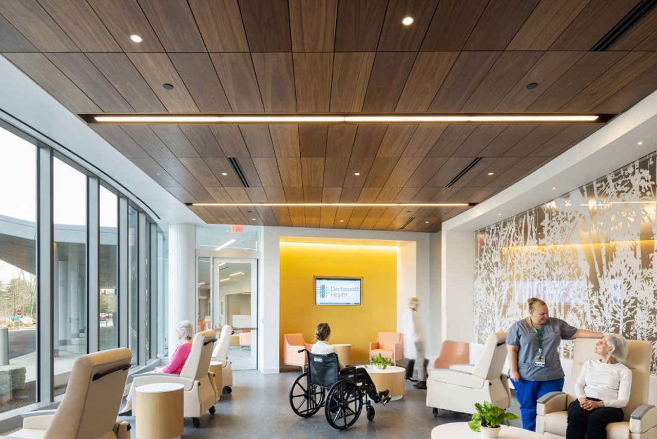 Endure Acoustics - photo of sound controlling acoustic ceiling and wall install for hospital lobby