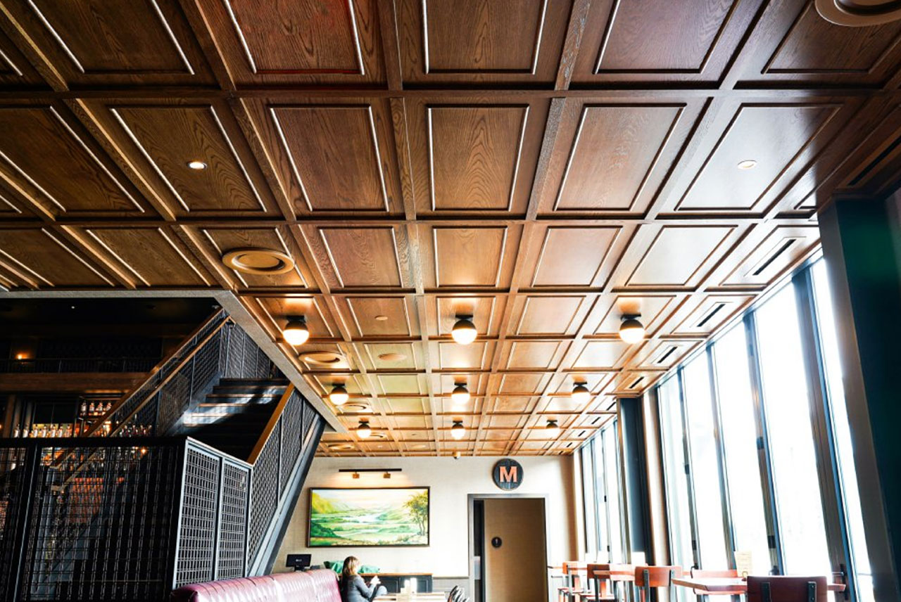 Endure Acoustics - photo of sound controlling acoustic install for restaurant ceiling
