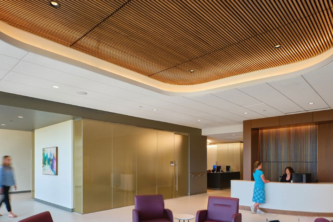 Endure Acoustics - photo of sound controlling acoustic install ceiling and walls for lobbies